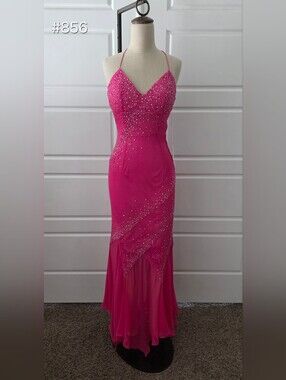 Fuchsia Pink Beaded Spaghetti Strap Evening Gown